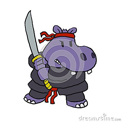 Funny hippopotamus ninja cartoon Vector Illustration