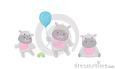 Funny Hippopotamus Pulling Toy Car and Holding Balloon Vector Set Vector Illustration