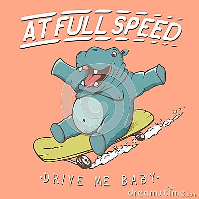 Funny hippopotamus rides on skateboard Vector Illustration