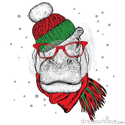 Funny hippopotamus in a winter hat and scarf. Vector illustration for a postcard Vector Illustration