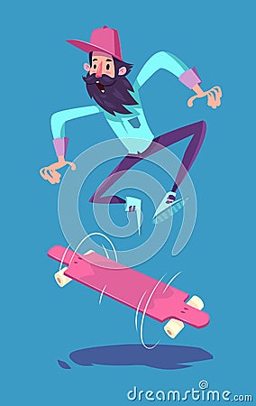 Funny hipster on longboard character. Vector Illustration