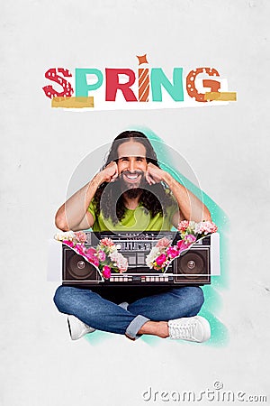 Funny hispanic long hair man holding big boombox player decorated with pink flowers celebrate spring theme retro party Stock Photo