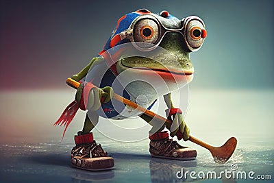 Funny hockey playing frog Cartoon Illustration