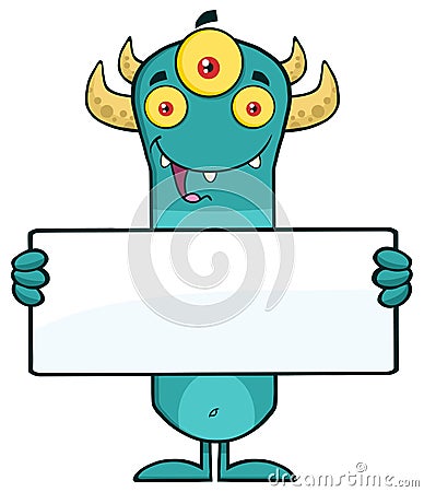 Funny Horned Blue Monster Cartoon Character Holding A Blank Sign Vector Illustration