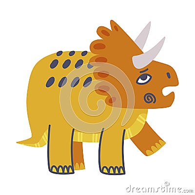 Funny Horned Dinosaur as Cute Prehistoric Creature and Comic Jurassic Predator Vector Illustration Vector Illustration
