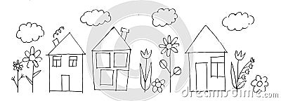 Funny houses in the style of a childs drawing. In the thickets of flowers. Naive landscape. Outline sketch. Hand drawing Vector Illustration