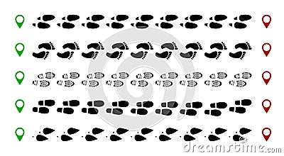 Funny human footsteps footprint. Follow foot shoe route steps track, bare feet walk path navigation pin. Paws trail silhouette Vector Illustration