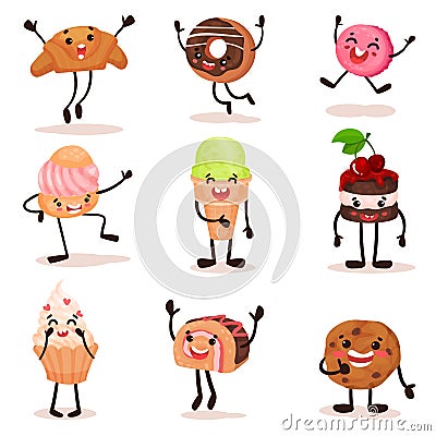 Funny humanized desserts cartoon characters set, croissant, donut, cake, ice cream, cookie with funny faces vector Vector Illustration