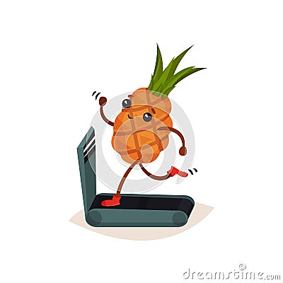 Funny humanized pineapple running on treadmill. Cartoon tropical fruit. Sport and physical activity theme. Flat vector Vector Illustration