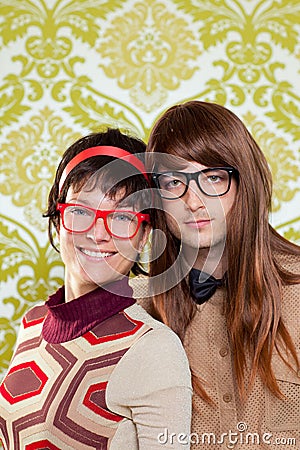 Funny humor nerd couple on vintage wallpaper Stock Photo