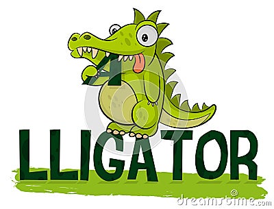 Cute hungry alligator eats logo. Crocodile Logotype Vector. Alligator illustration. Fat little croc. Friendly animal from the zoo. Vector Illustration