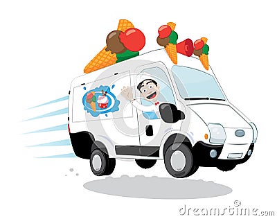 Funny ice-cream van driven by a friendly ice-cream man cheering and smiling Vector Illustration