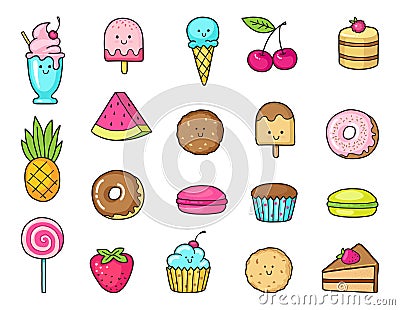 Funny icons of sweets, fruit and ice cream. Donuts, cupcakes, cakes and cookies Vector Illustration