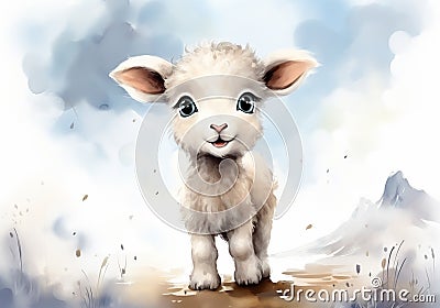 Funny illustrated invitation card with watercolor lamb, for children's parties or other uses. AI generated Stock Photo