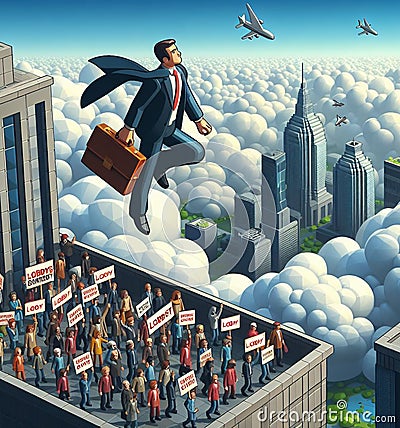 funny illustration depict a man fly jump tax or public service , tax evasion avoidance concept Cartoon Illustration