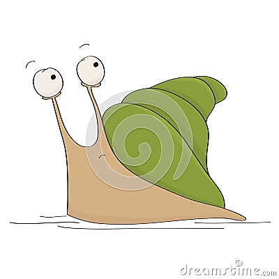 Funny illustration of frightened or terrified cute little snail wondering whether to run, seeing some danger behing him Vector Illustration