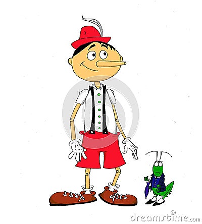 Funny illustration about Pinocchio and his friend Jiminy Cricket Cartoon Illustration