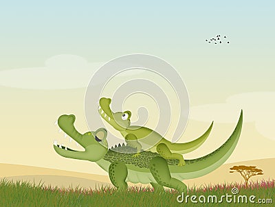 Two alligators in the grass Cartoon Illustration
