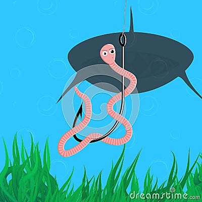 Funny illustration with worm on the hook and shark in the water Vector Illustration