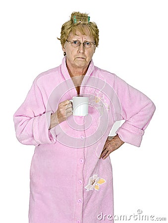 Funny Angry Mature Woman Morning Coffee Isolated Stock Photo