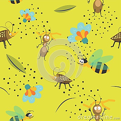 Funny insects, ants and beetles, bees pattern Vector Illustration