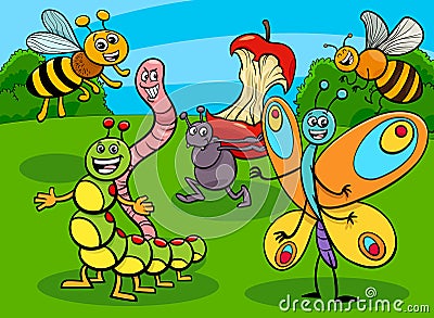 Funny insects and bugs cartoon characters group Vector Illustration