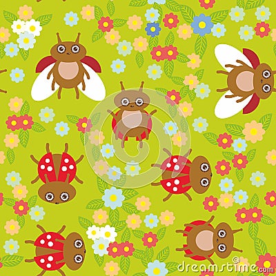 Funny insects ladybugs seamless pattern on green background with flowers and leaves. Vector Vector Illustration