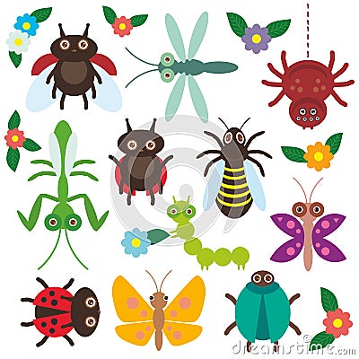 Funny insects set Spider butterfly caterpillar Vector Illustration