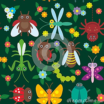 Funny insects Spider butterfly caterpillar Vector Illustration