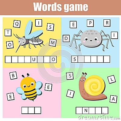 Insects Write missing letters and complete words. Crossword for kids and toddlers. Educational children game Vector Illustration