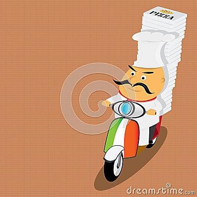 Funny italian chef delivering pizza on moped Vector Illustration