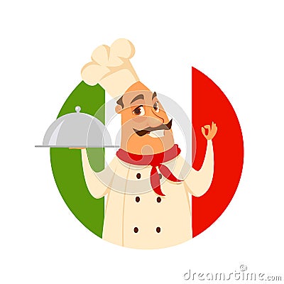 Funny italian chef with a moustache holding a silver platter. Vector Illustration