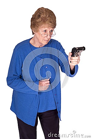 Funny James Bond Grandma Mature Senior Woman, Gun Stock Photo