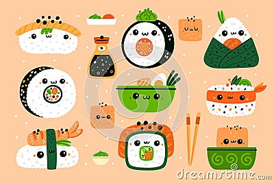 Funny Japanese food. Cute sushi characters. Kawaii rolls and salads. Asian cuisine. Tofu and soy sauce. Seaweed with Vector Illustration