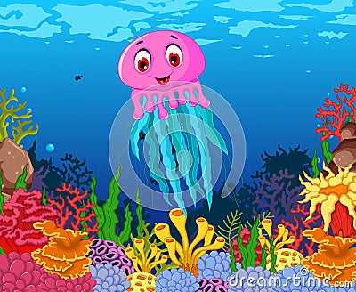 Funny jellyfish cartoon with beauty sea life background Stock Photo