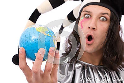 Funny jester with globe Stock Photo