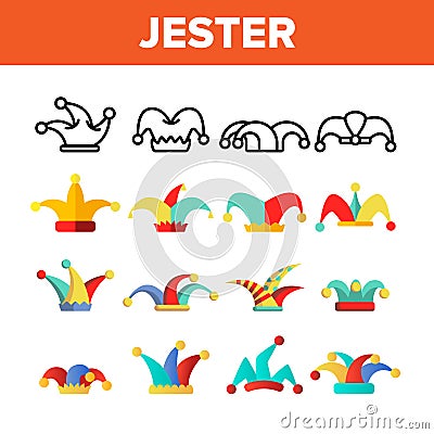 Funny Jester Hat Linear Vector Icons Set Vector Illustration