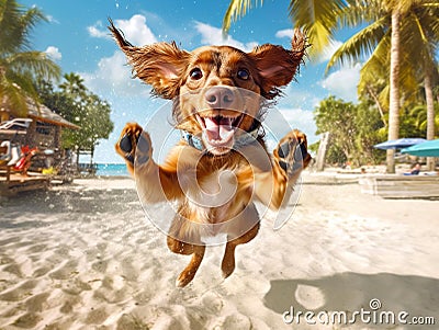 Funny joyful dog jumping and playing on tropical sand beach. Cool and happy holiday or vacation concept. Created with generative Stock Photo