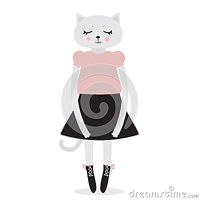 Funny Kawaii cat girl, closed eyes, pink cheeks, cartoon pet gray pink black isolated on white background. Can be used for Vector Illustration