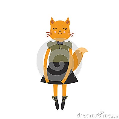 Funny Kawaii fox girl, closed eyes, pink cheeks, cartoon black khaki orange isolated on white background. Can be used for greeting Vector Illustration