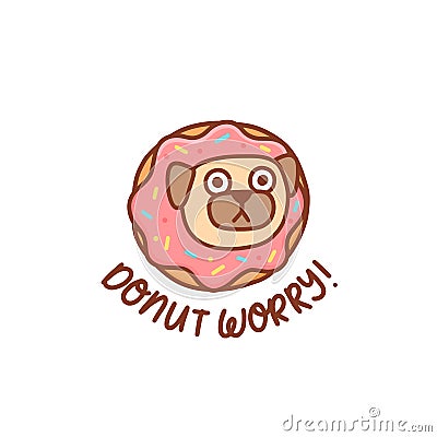 Funny kawaii pug dog in the donut with pink icing. Vector Illustration