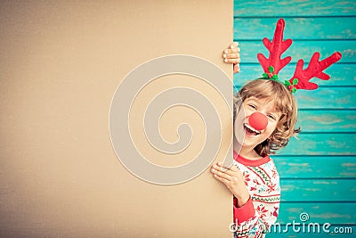 Funny kid holding cardboard banner blank Stock Photo