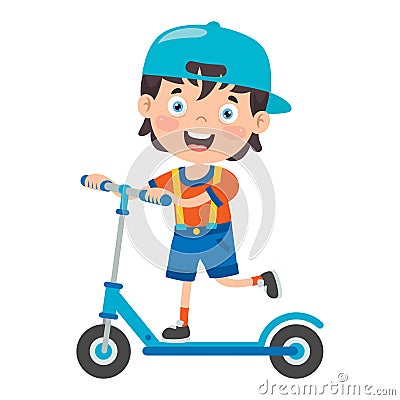 Funny Kid Riding Kick Scooter Vector Illustration