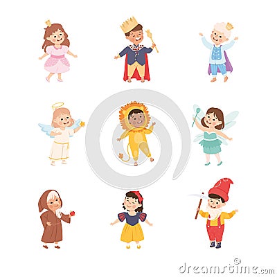 Funny Kids Actors in Theater Costumes Showing Performance Vector Set Vector Illustration