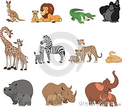 Funny kids animals and parents Vector Illustration