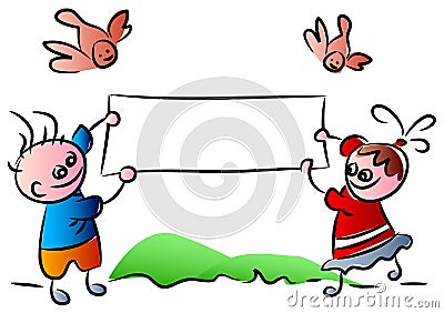 Funny kids with banner Vector Illustration