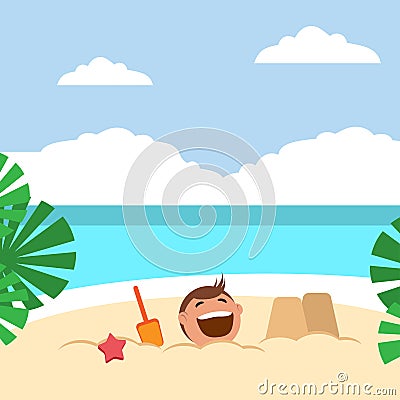 Funny kids building sand castles and playing on the beach. Vector Illustration