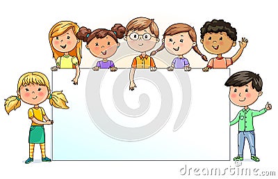 Funny kids holding blank banner for your text Vector Illustration