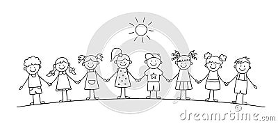 Funny kids holding hands. Happy doodle children. Friendship concept. Vector illustration in hand drawn style Vector Illustration