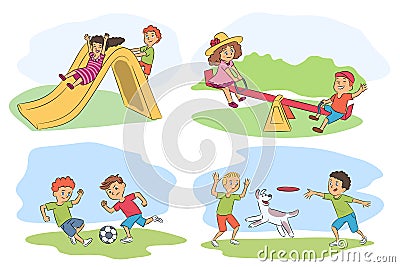 Funny kids recreation vector summer scenes set Vector Illustration